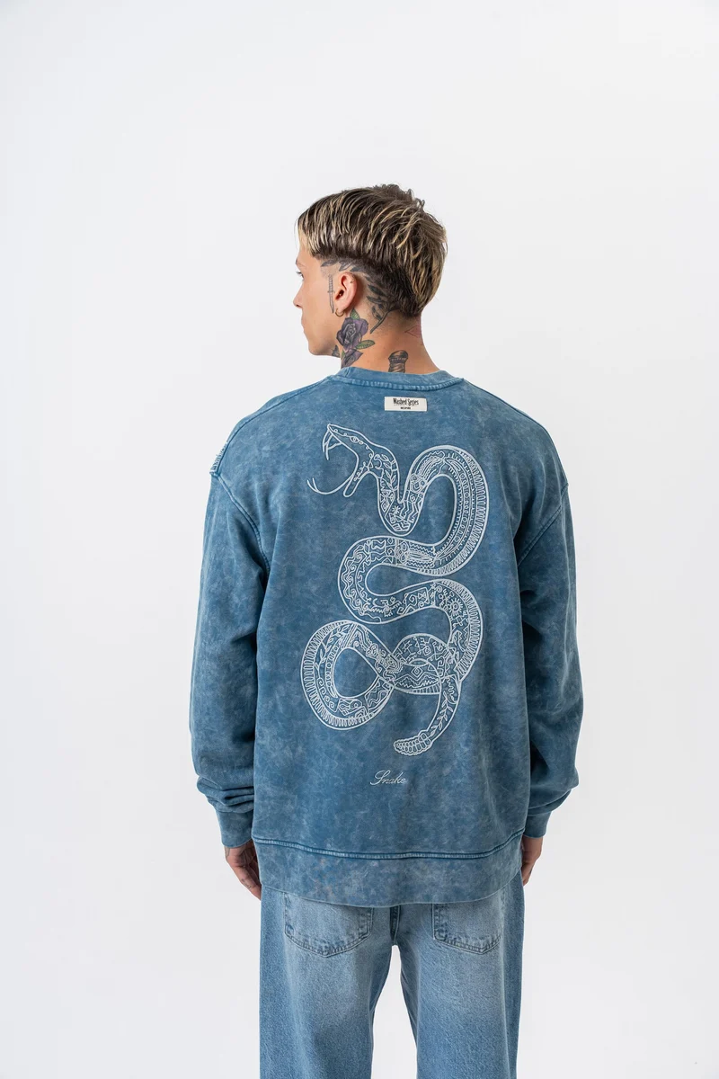 Snake Embroidered Washed Crew Neck Oversized Sweatshirt Petrol