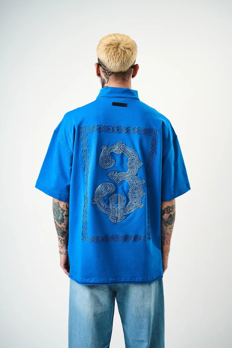 3 Embroidered Half Zip Oversize T-Shirt Blue
