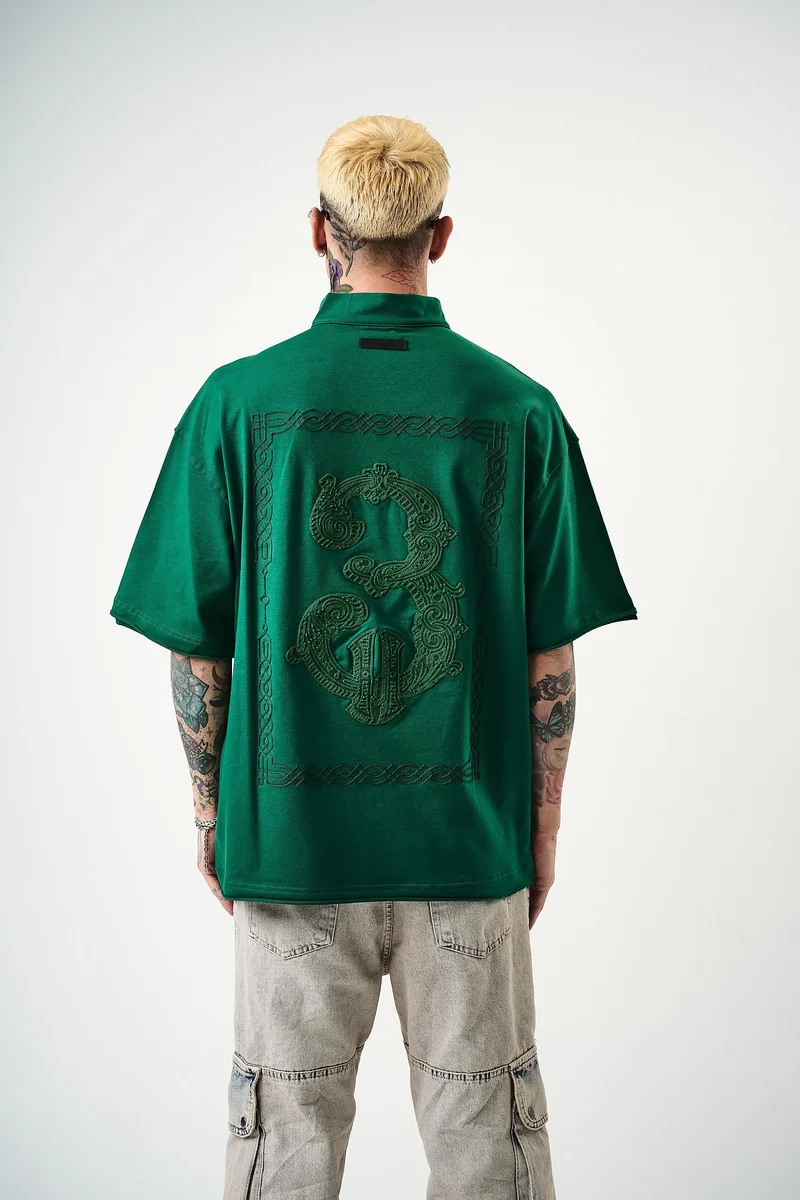 3 Embroidered Half Zip Oversize T-Shirt Petrol Green