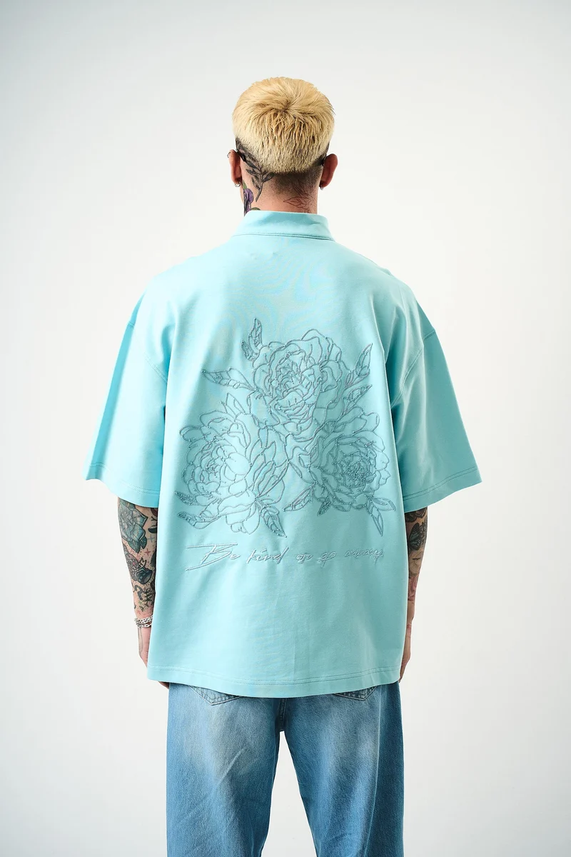 Be Kind Embroidered Half Zip Oversize T-Shirt Baby Blue