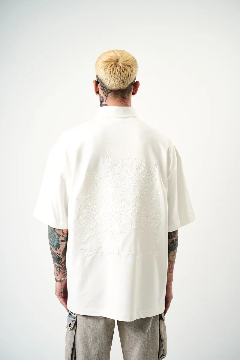 Be Kind Embroidered Half Zip Oversize T-Shirt Ecru