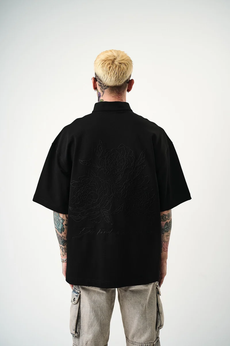 Be Kind Embroidered Half Zip Oversize T-Shirt Black