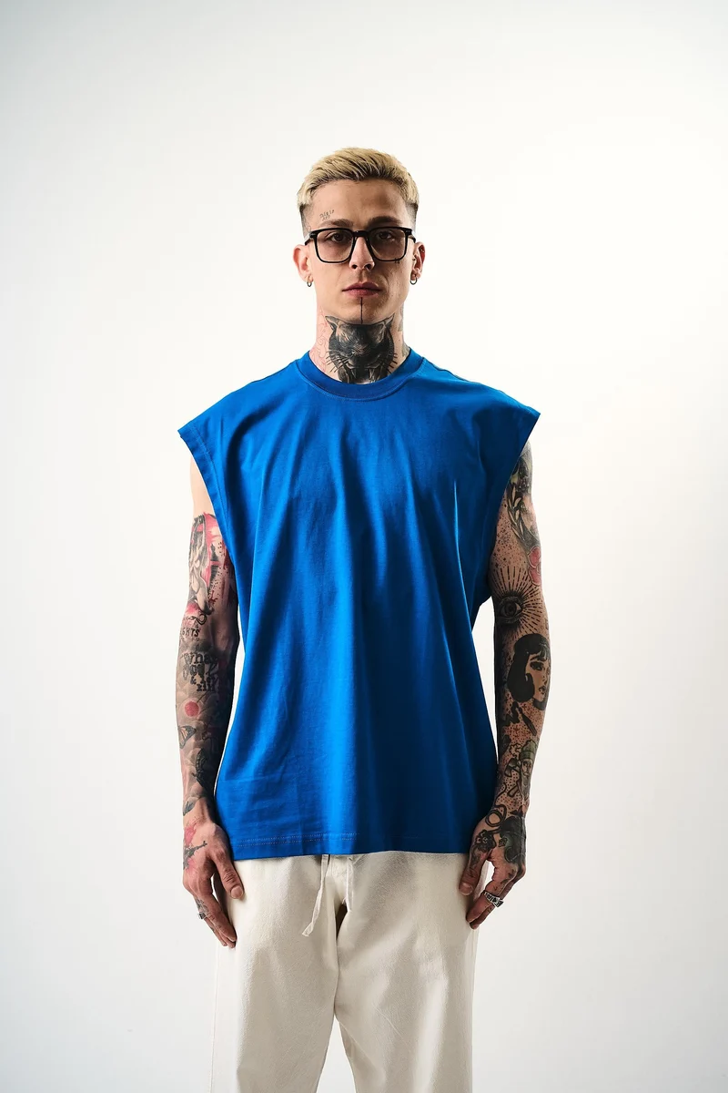 Basic Sleeveless Oversize T-Shirt Blue
