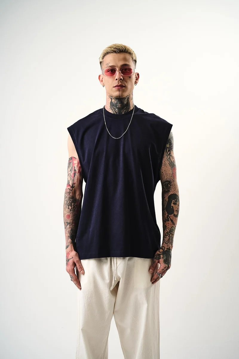 Basic Sleeveless Oversize T-Shirt Indigo
