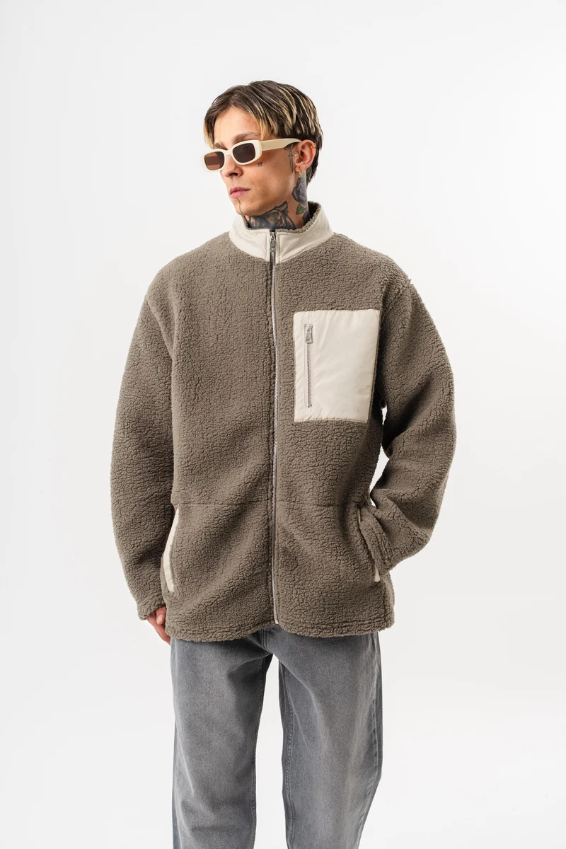 Men's Zip Oversize Teddy Jacket Dark Green