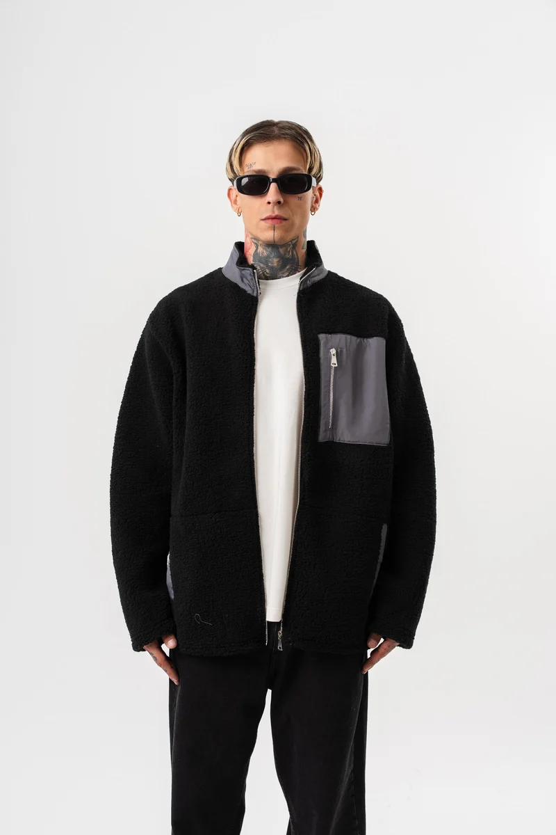 Men's Zip Oversize Teddy Jacket Black