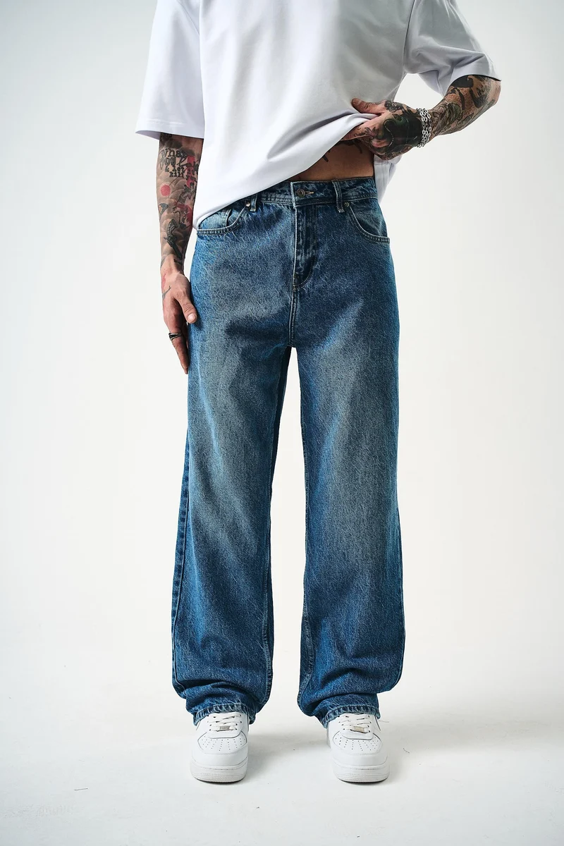 Washed Baggy Pants Dark Blue