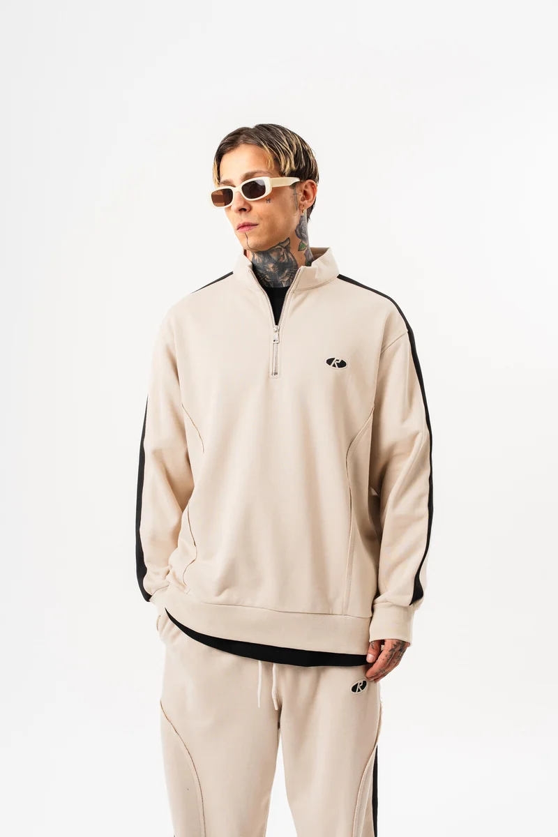 Raw Seam Detail Half Zip Diagonal Sweatshirt Beige