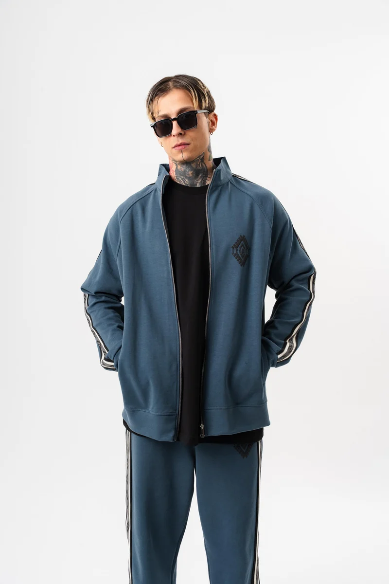 Striped Detail High Neck Doubleface Zip Oversized Sweatshirt Petrol