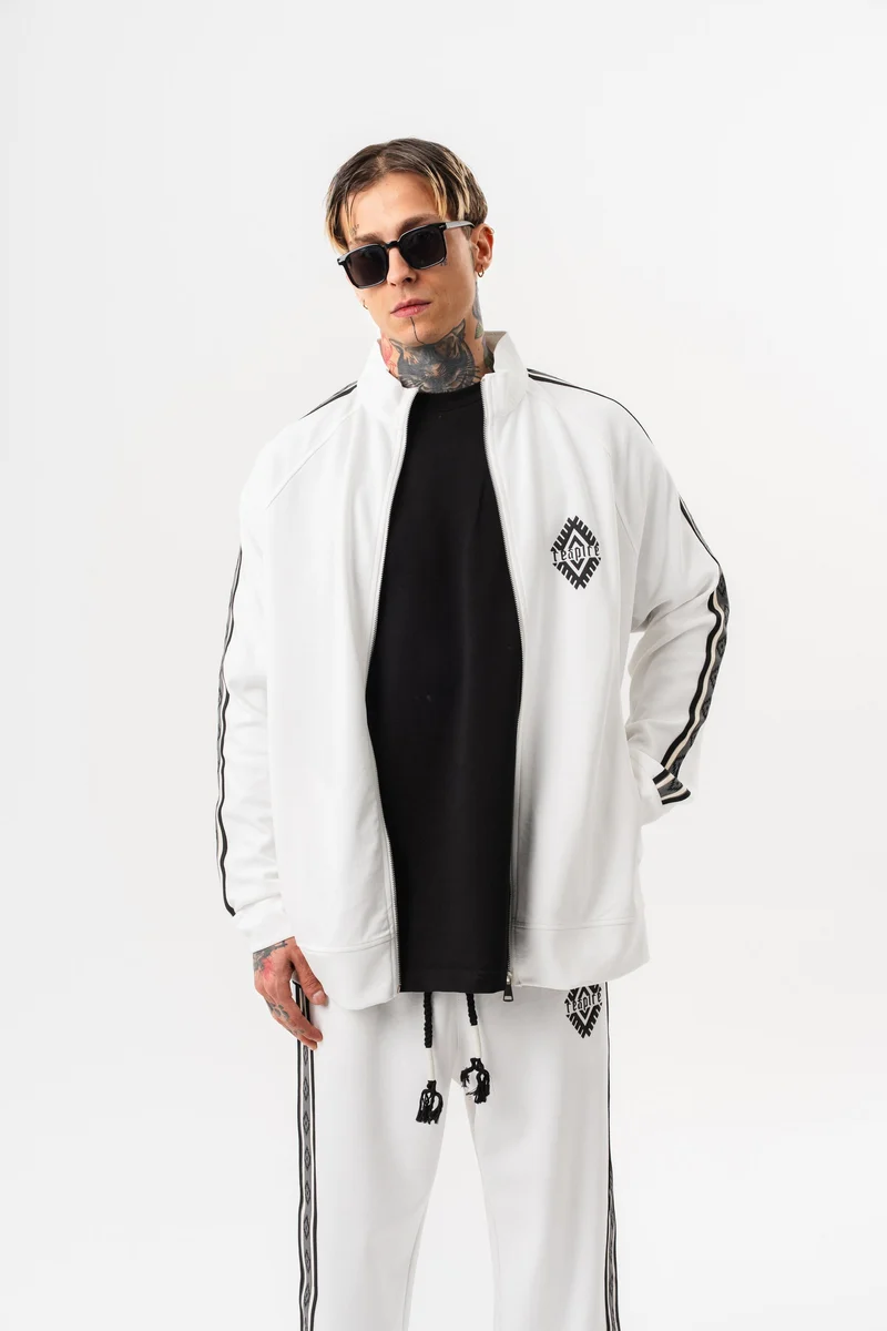 Striped Detail High Neck Doubleface Zip Oversized Sweatshirt Ecru
