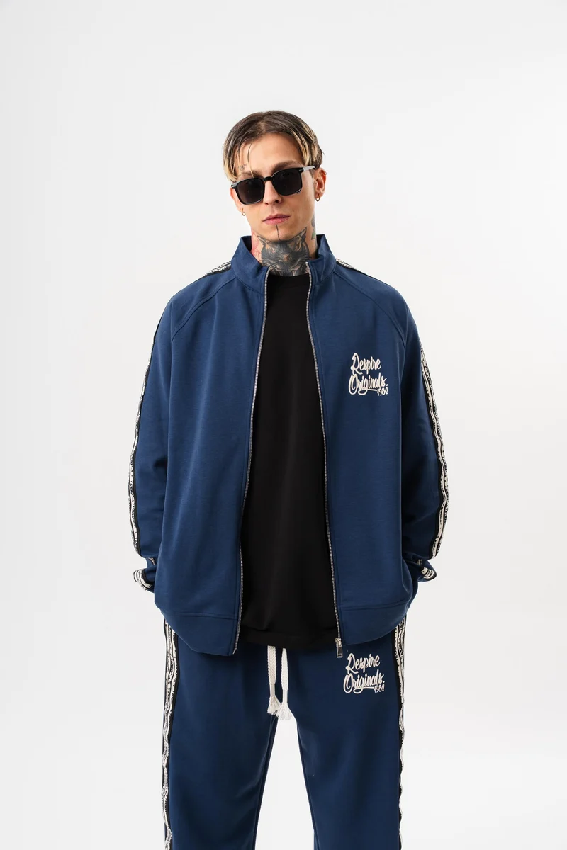Splash Striped Detail High Neck Doubleface Zip Oversized Sweatshirt Navy