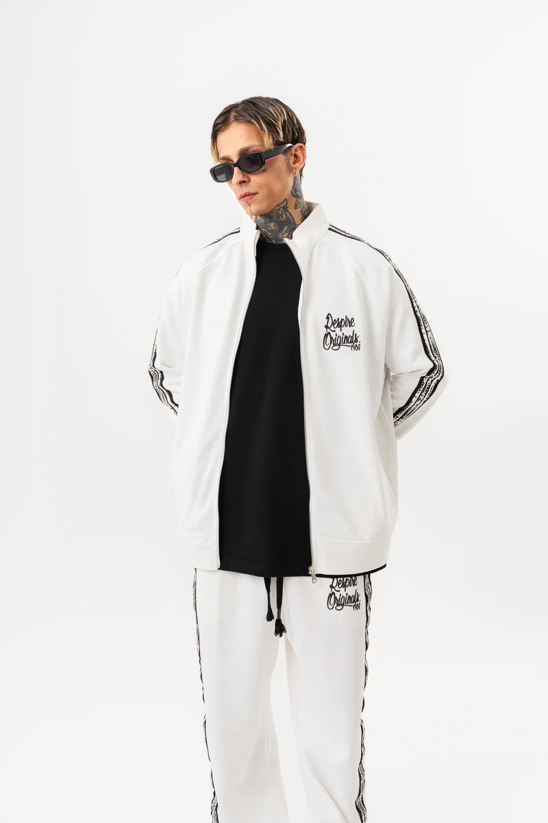 Splash Striped Detail High Neck Doubleface Zip Oversized Sweatshirt Ecru