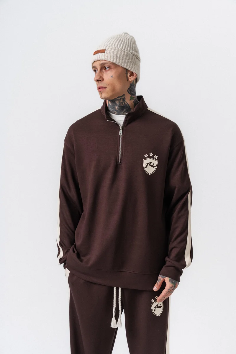 Striped Detail Half Zip Modal Sweatshirt Brown
