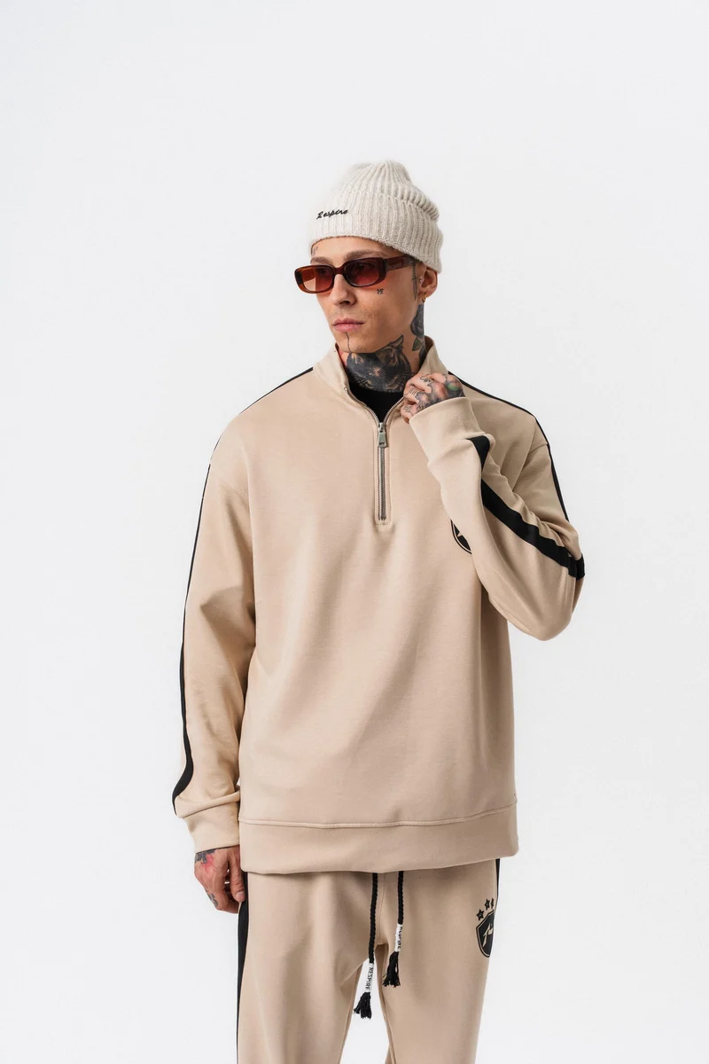 Striped Detail Half Zip Modal Sweatshirt Beige