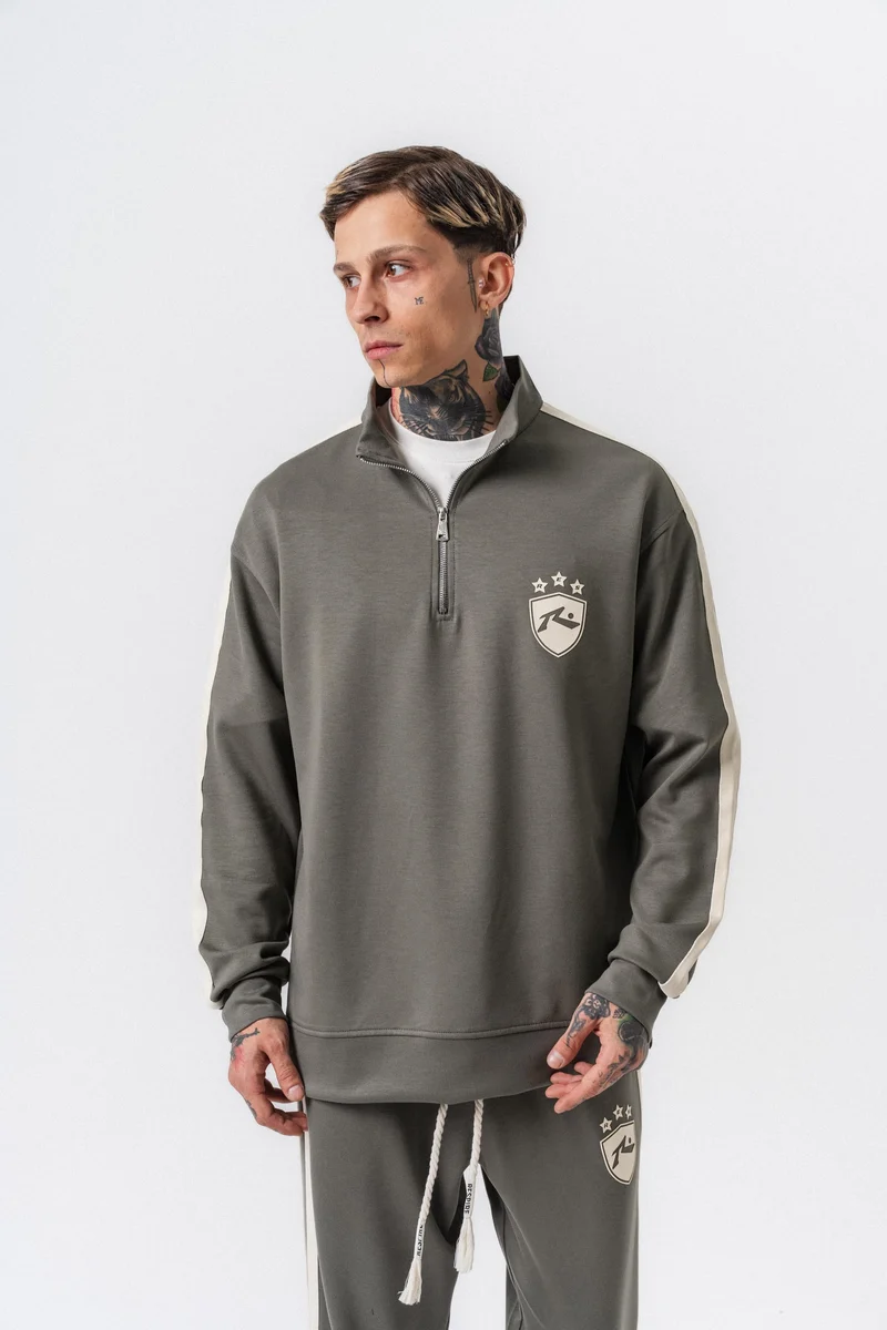 Striped Detail Half Zip Modal Sweatshirt Khaki