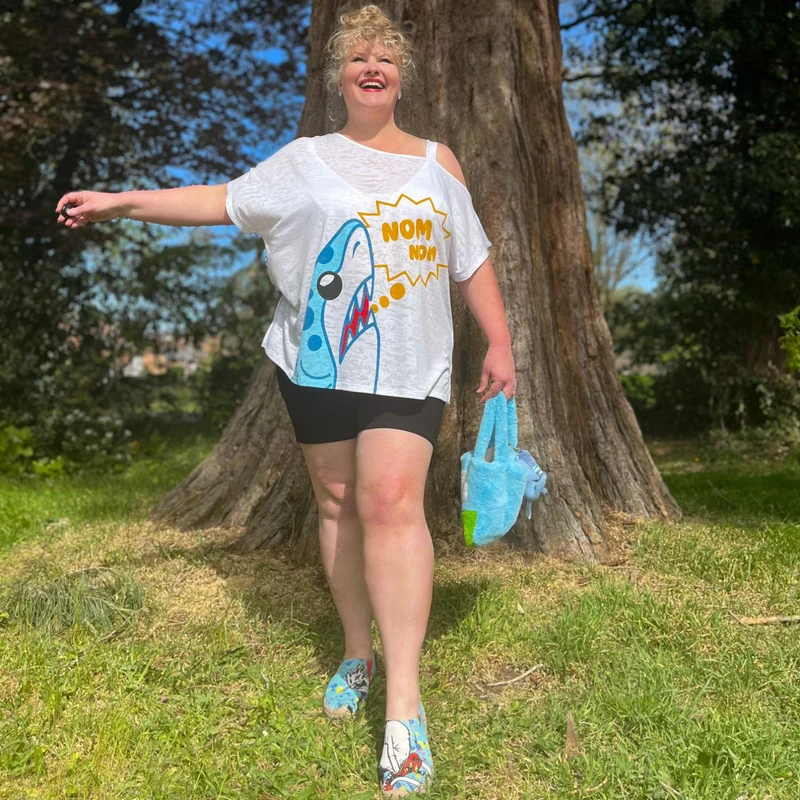 Debbie Off-Shoulder Tee - NOM-NOM Shark Print