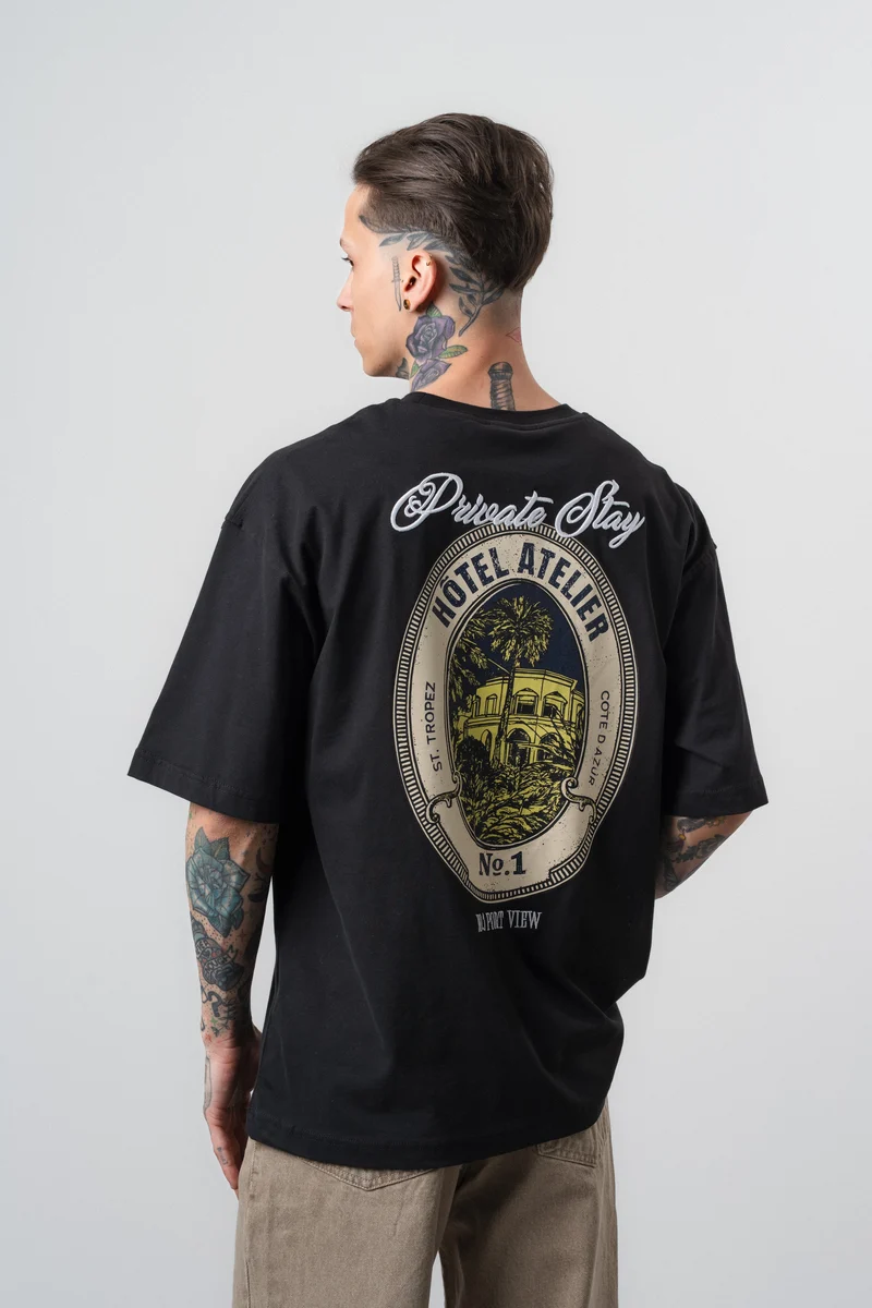 Men's Private Printed Oversize T-Shirt Black