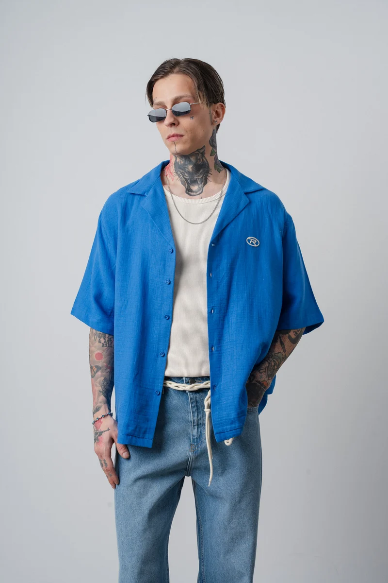 Men's R Embroidered Short Sleeve Muslin Oversize Shirt Blue