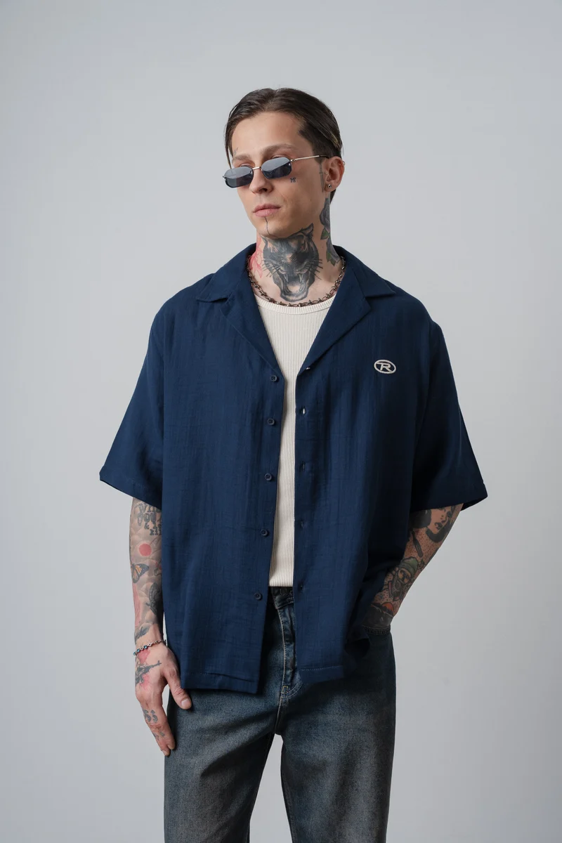 Men's R Embroidered Short Sleeve Muslin Oversize Shirt Navy