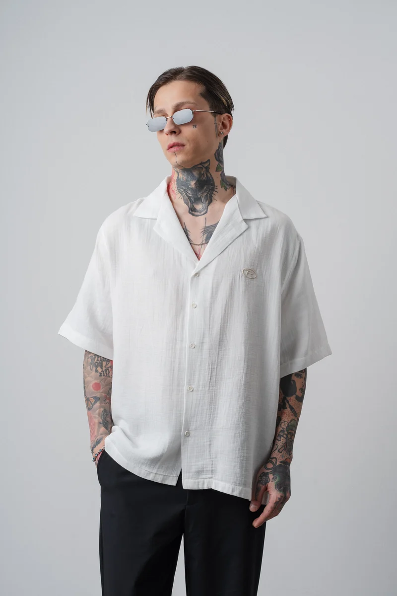Men's R Embroidered Short Sleeve Muslin Oversize Shirt White