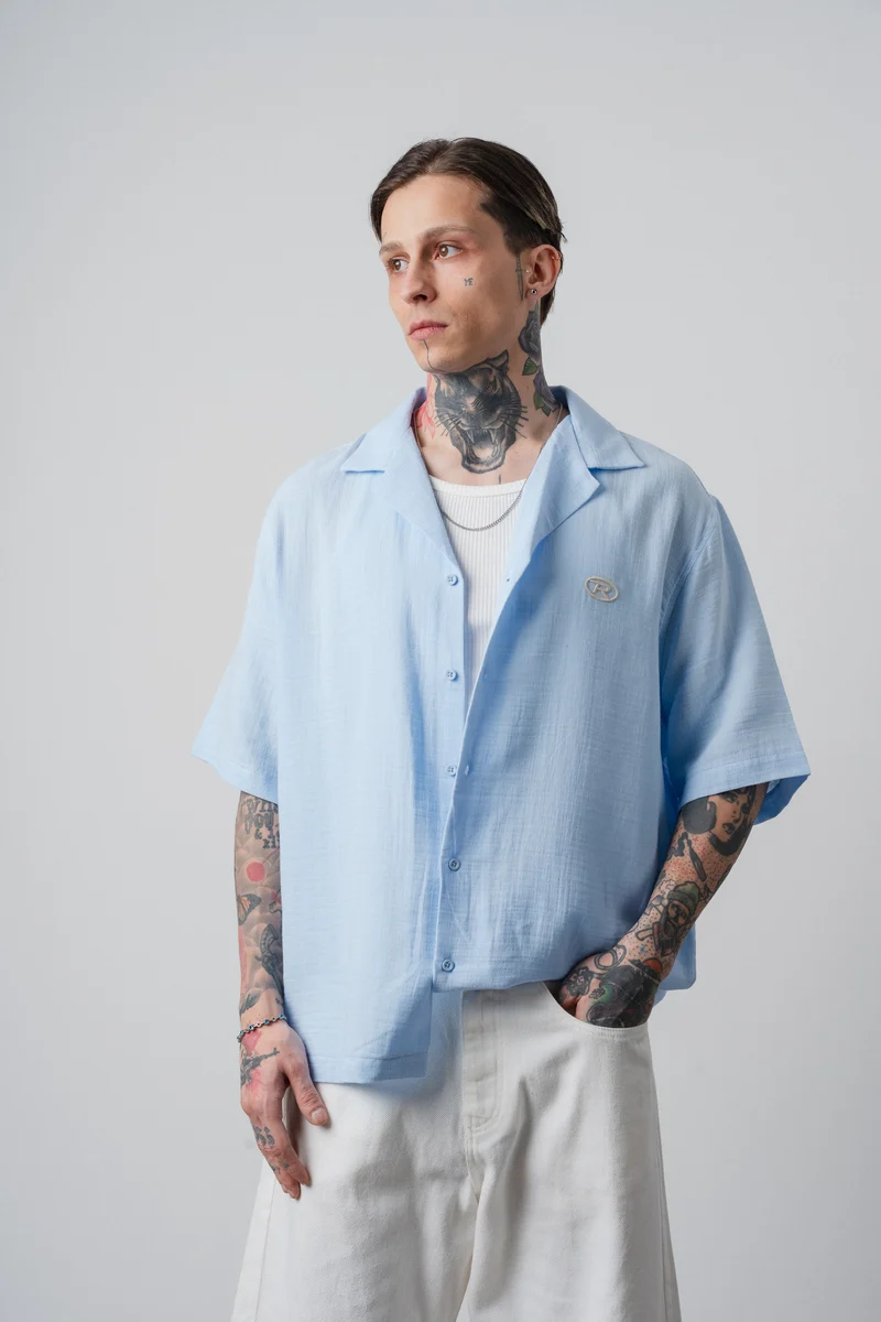 Men's R Embroidered Short Sleeve Muslin Oversize Shirt Baby Blue