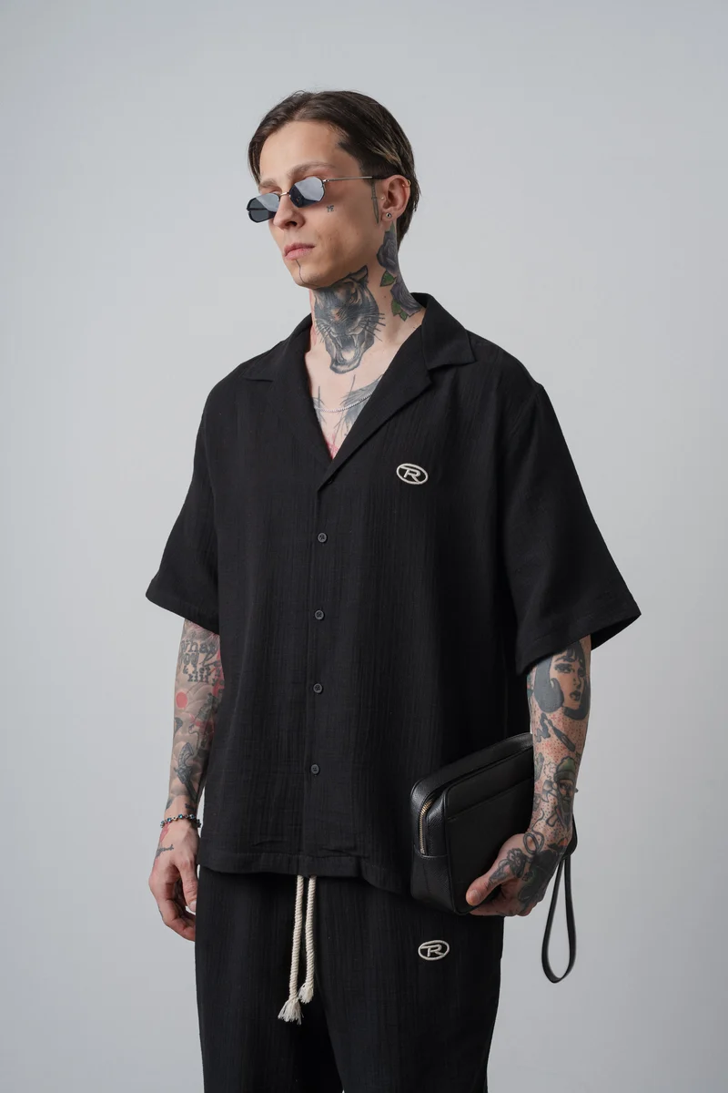 Men's R Embroidered Short Sleeve Muslin Oversize Shirt Black
