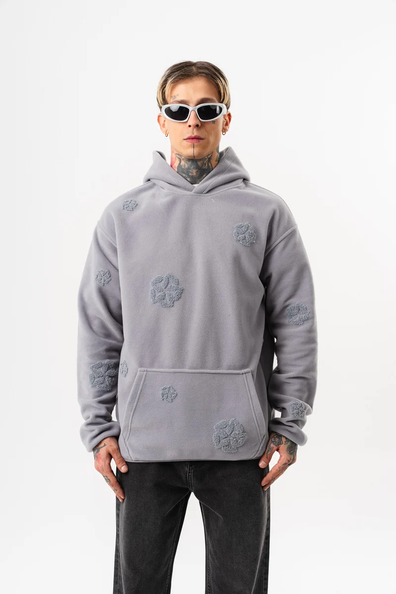 Suzene Embroidered Detail Hooded Oversized Polar Hoodie Grey