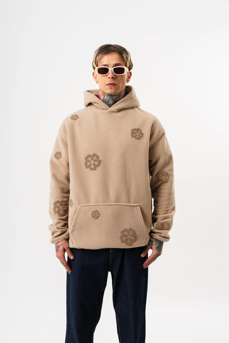 Suzene Embroidered Detail Hooded Oversized Polar Hoodie Beige