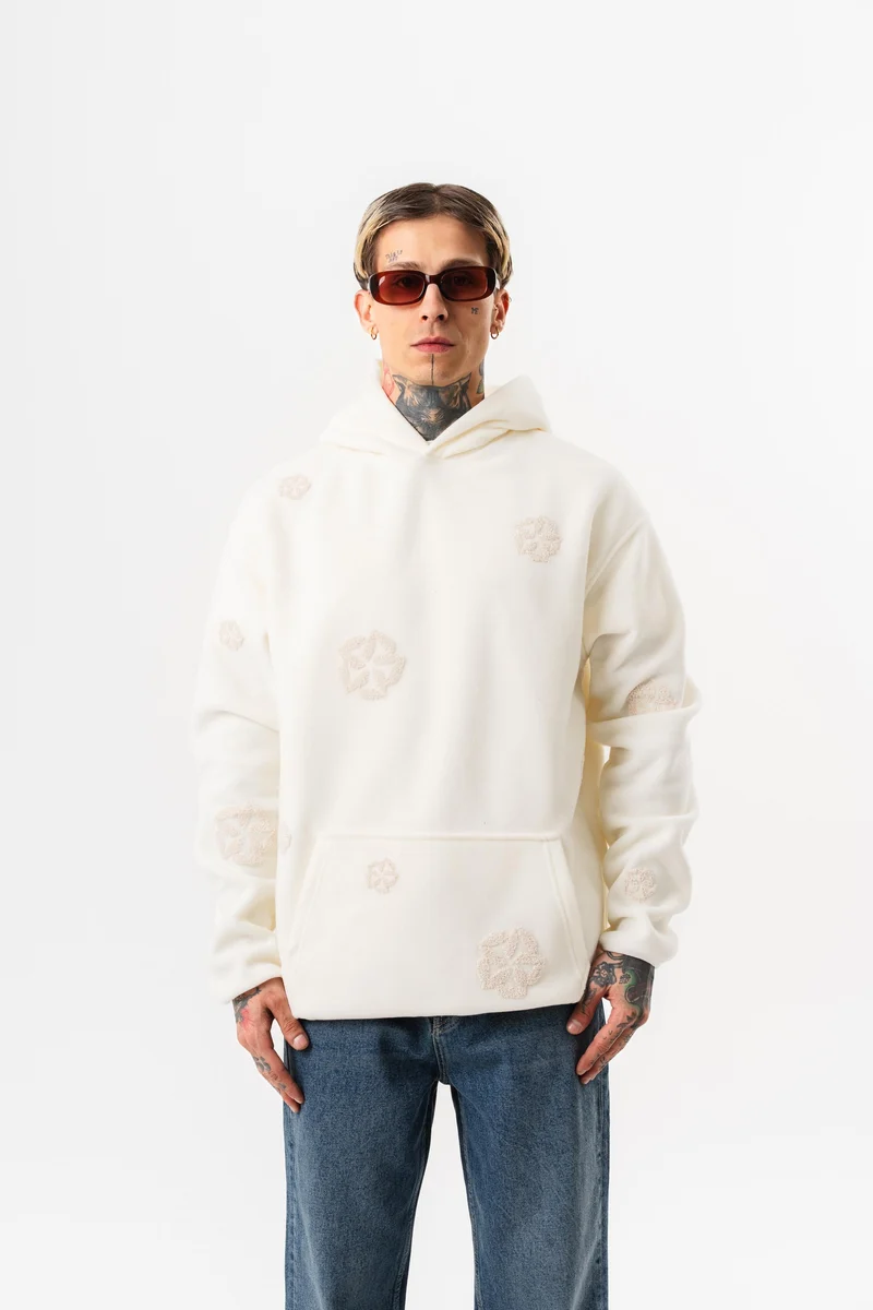Suzene Embroidered Detail Hooded Oversized Polar Hoodie Ecru