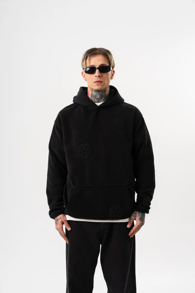 Suzene Embroidered Detail Hooded Oversized Polar Hoodie Black