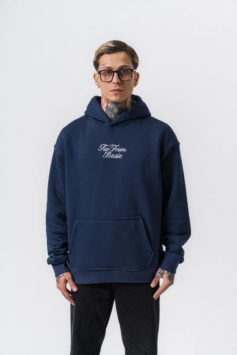 Far From Basic Embroidered Hooded Oversized Hoodie Navy