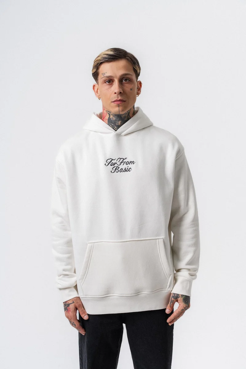 Far From Basic Embroidered Hooded Oversized Hoodie Ecru
