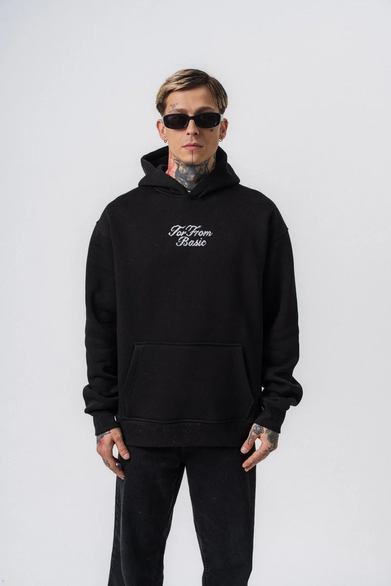Far From Basic Embroidered Hooded Oversized Hoodie Black