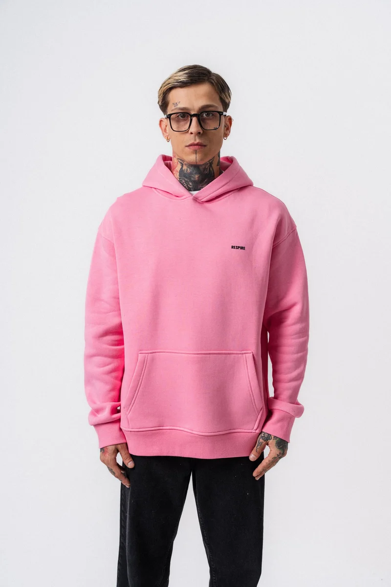 Respire Text Detailed Hooded Basic Oversized Hoodie Pink