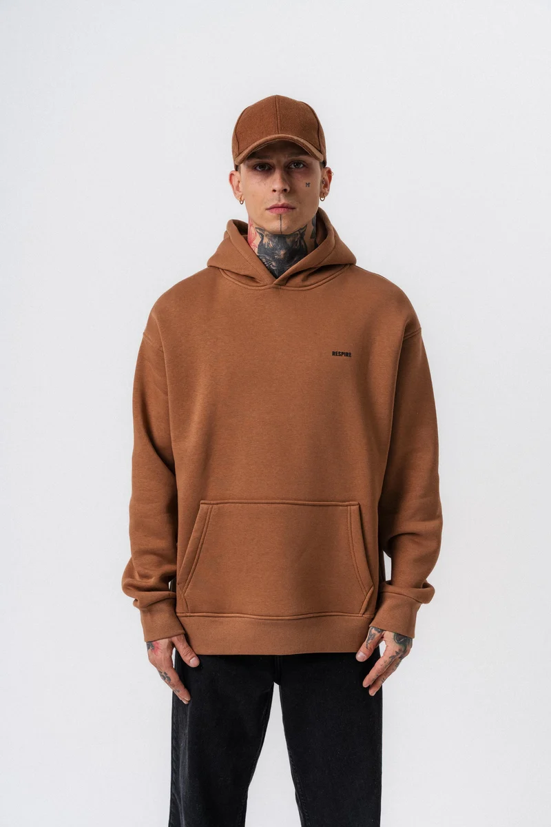 Respire Text Detailed Hooded Basic Oversized Hoodie Coffee