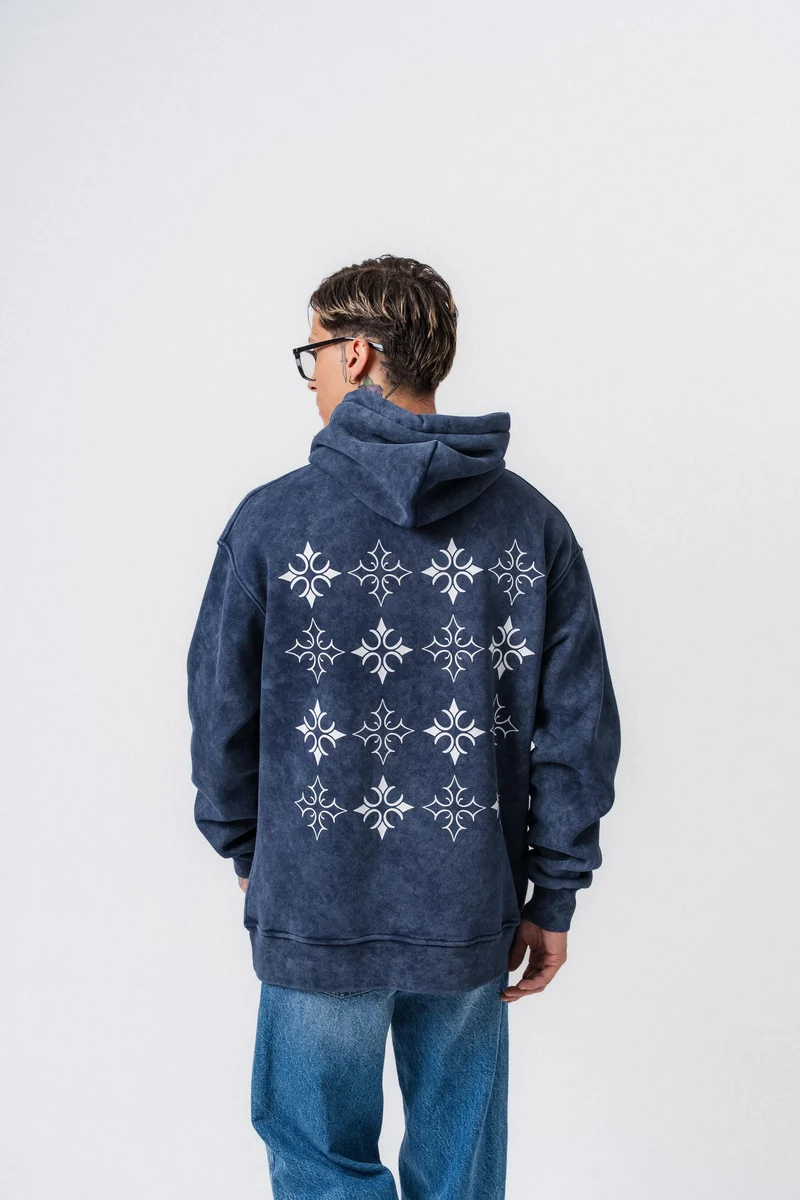 Muse Printed Washed Hooded Oversized Hoodie Navy