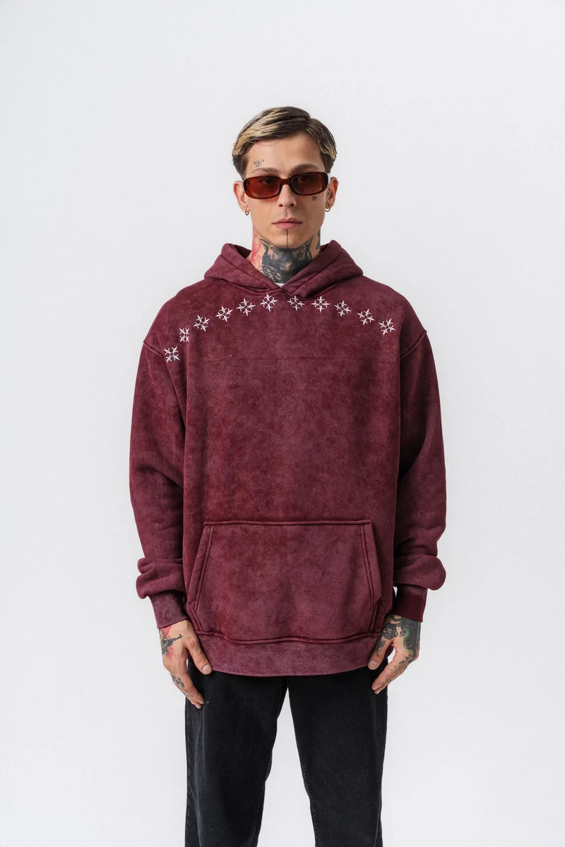 Muse Printed Washed Hooded Oversized Hoodie Burgundy
