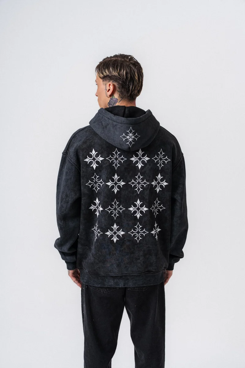 Muse Printed Washed Hooded Oversized Hoodie Black