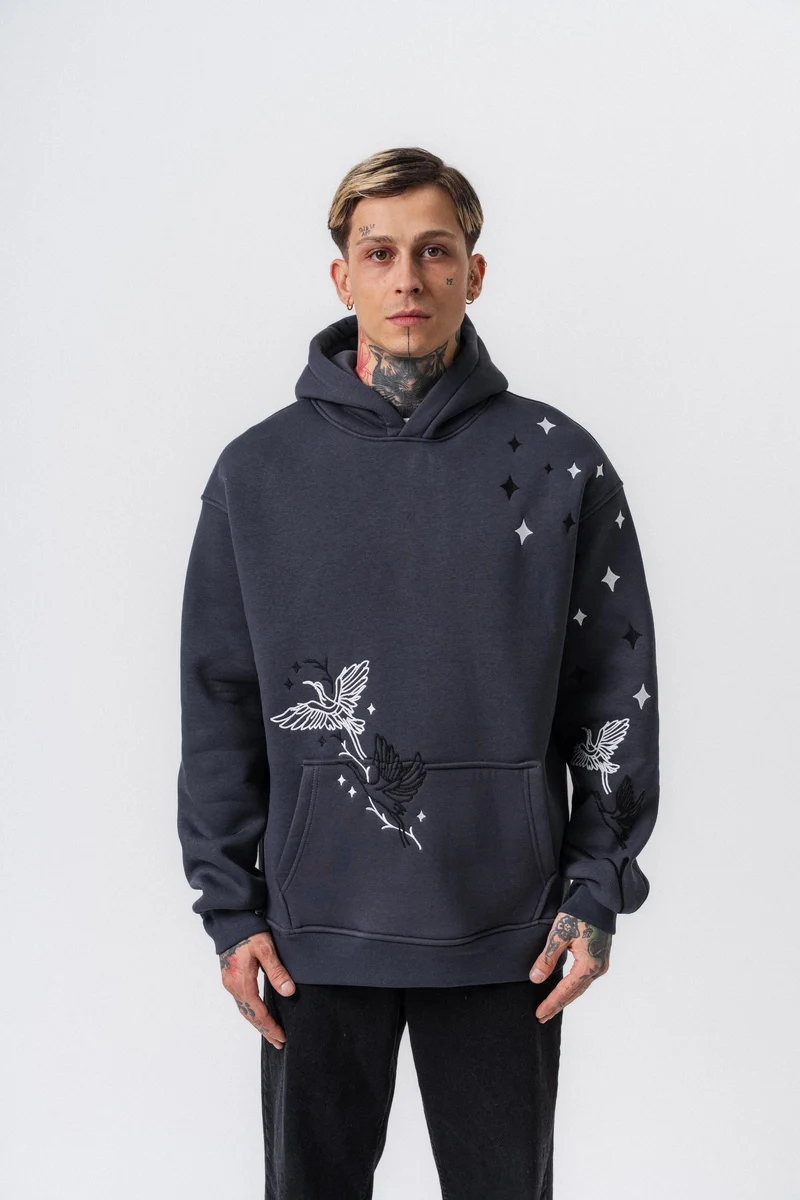 No Perch Embroidered Hooded Oversized Hoodie Charcoal