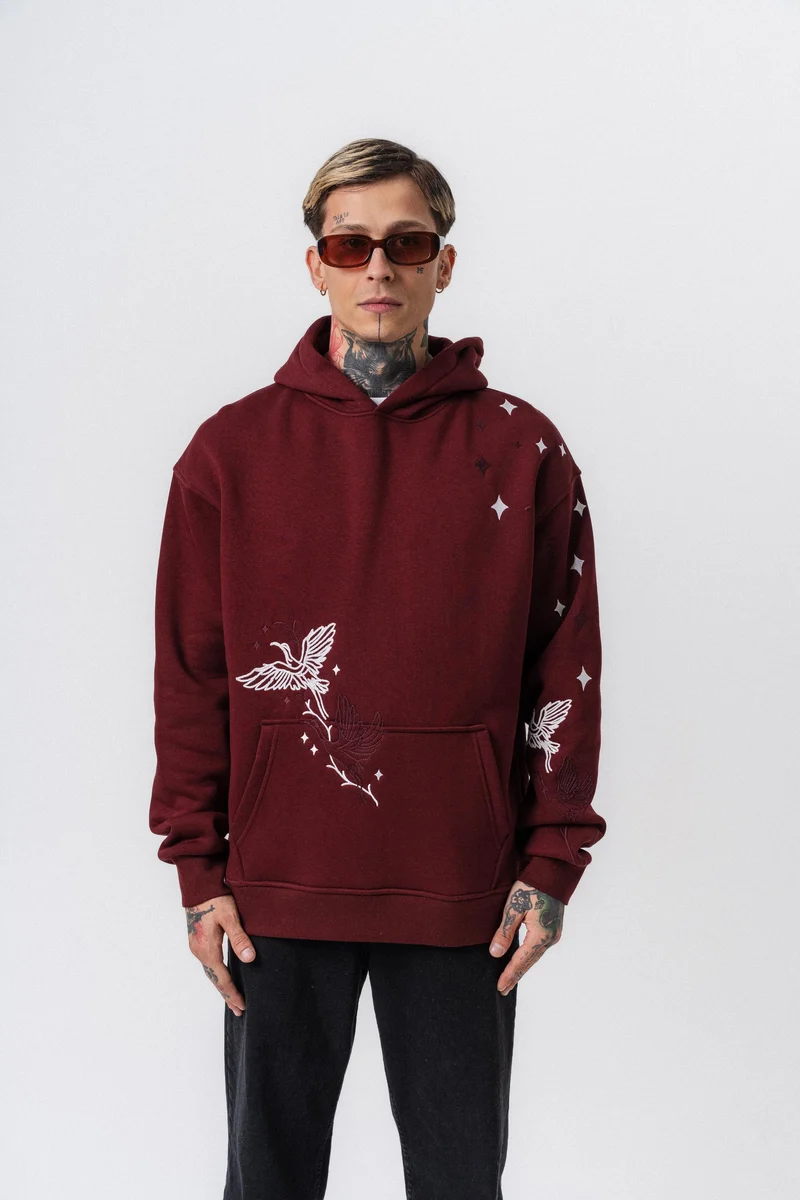 No Perch Embroidered Hooded Oversized Hoodie Burgundy