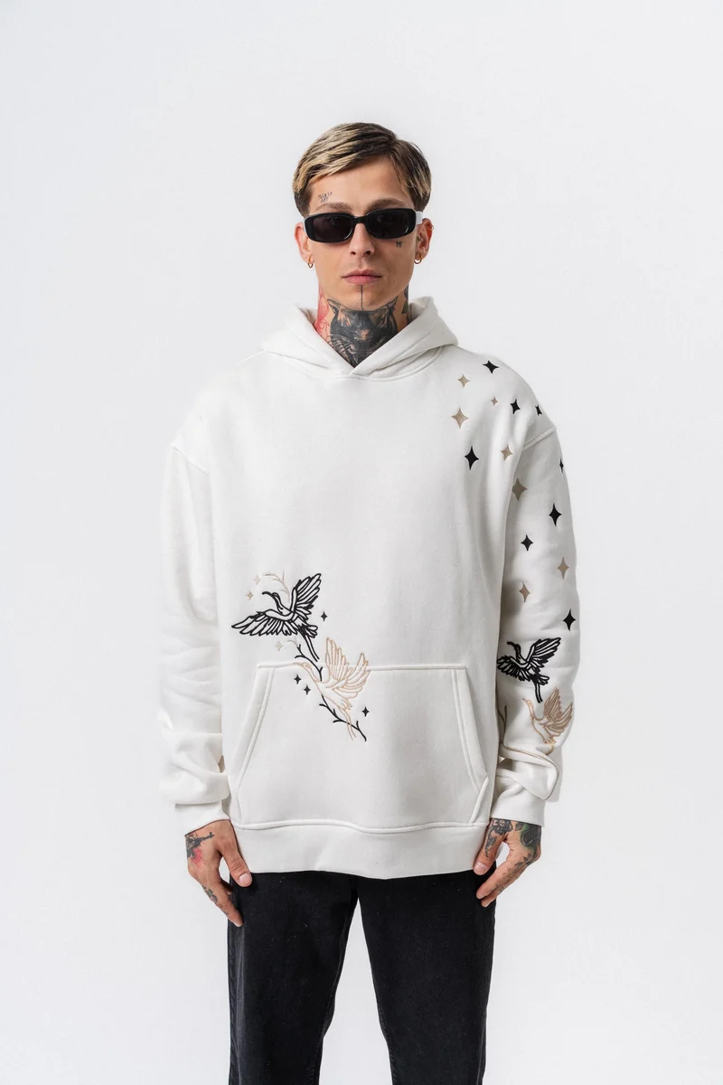 No Perch Embroidered Hooded Oversized Hoodie Ecru