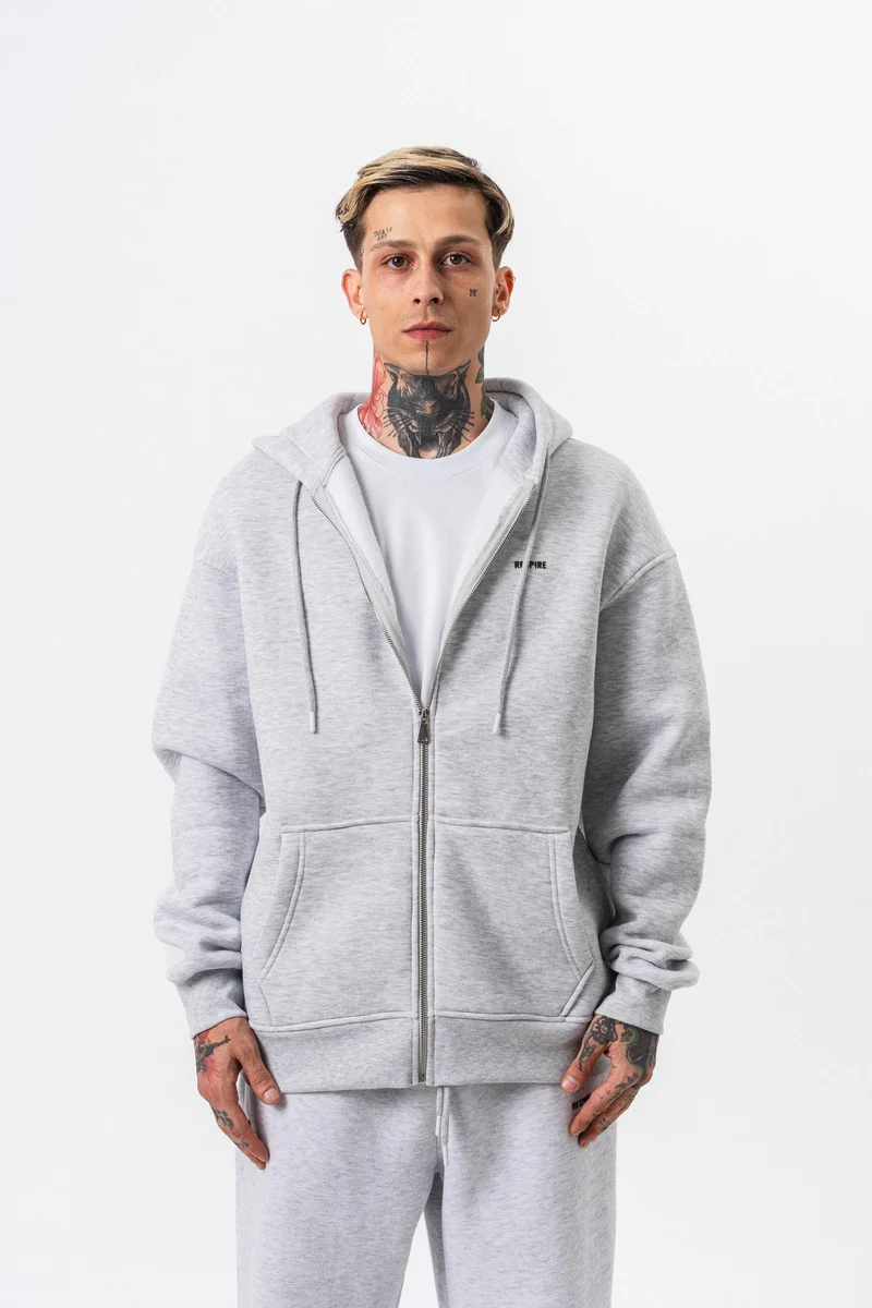 Respire Text Detailed Hooded Basic Zip Oversized Hoodie Snow Melange