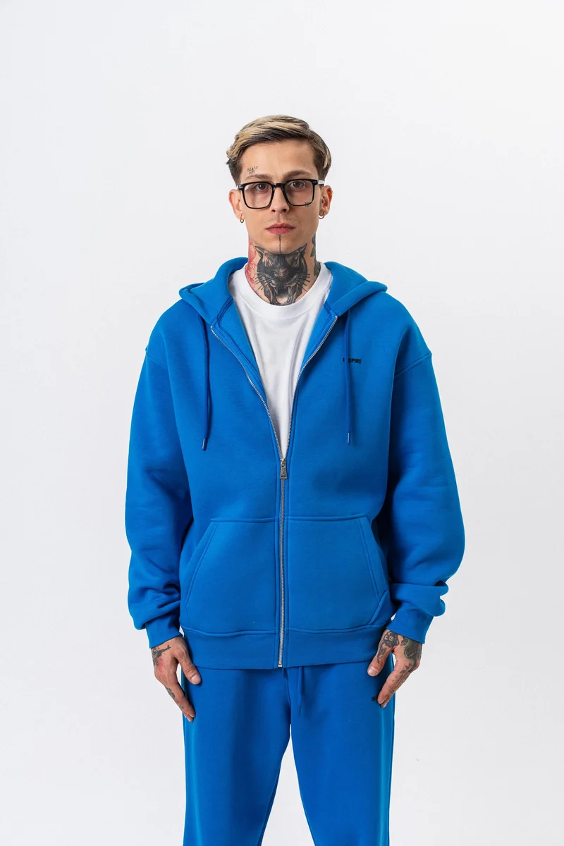 Respire Text Detailed Hooded Basic Zip Oversized Hoodie Blue