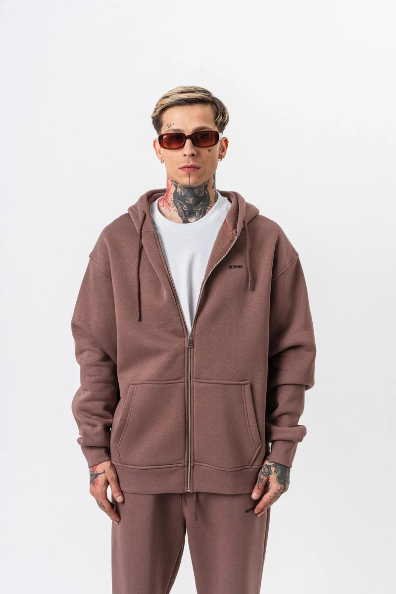Respire Text Detailed Hooded Basic Zip Oversized Hoodie Cocoa