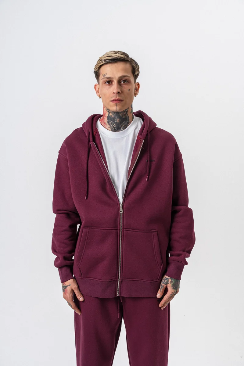 Respire Text Detailed Hooded Basic Zip Oversized Hoodie Cherry