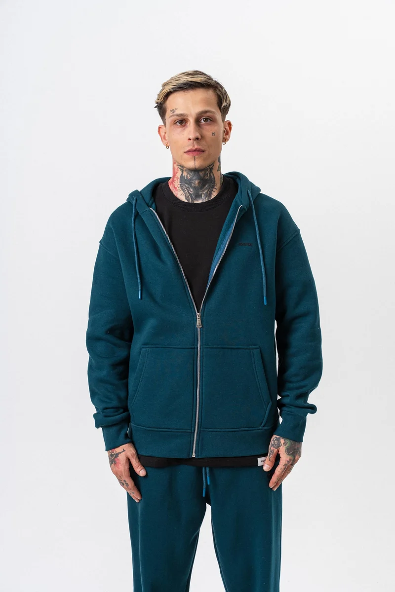 Respire Text Detailed Hooded Basic Zip Oversized Hoodie Emerald