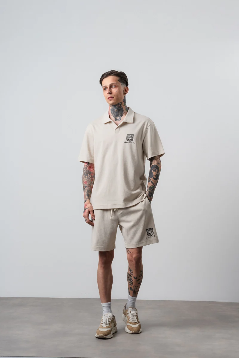Men's Rocket Club Print Regular Fit T-Shirt and Shorts Set Beige