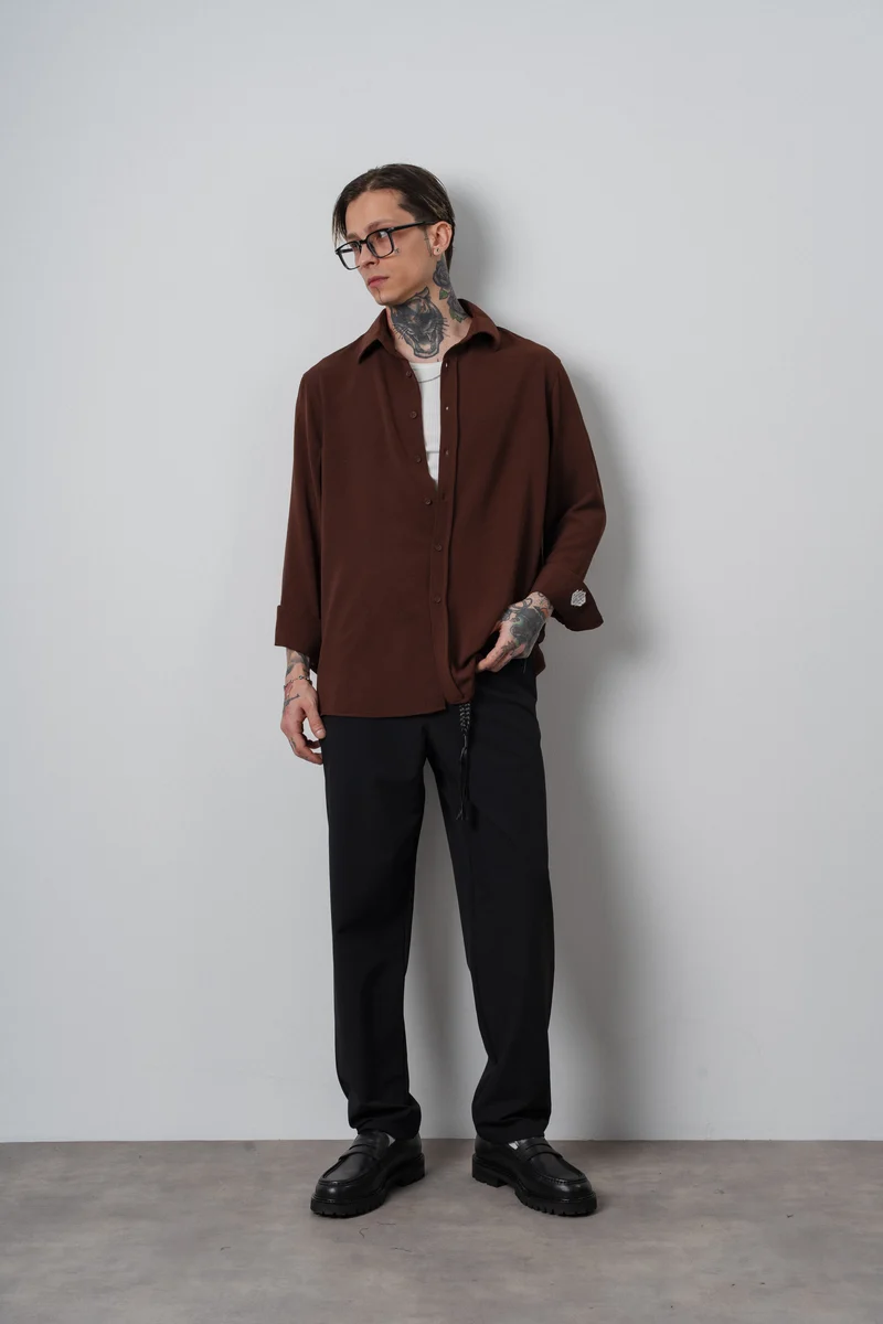 Men's Embroidered Long-Sleeve Aerobin Oversize Shirt Brown