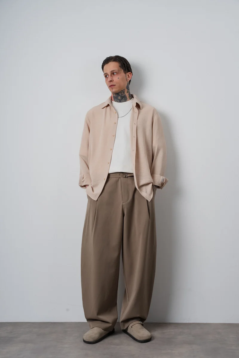 Men's Embroidered Long-Sleeve Aerobin Oversize Shirt Beige