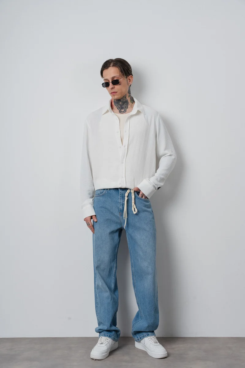 Men's Embroidered Long-Sleeve Aerobin Oversize Shirt White